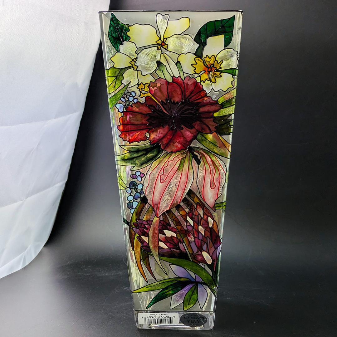 廃盤Amia製 手描き花柄ガラス花瓶 ステンドグラス風 明るいインテリアに