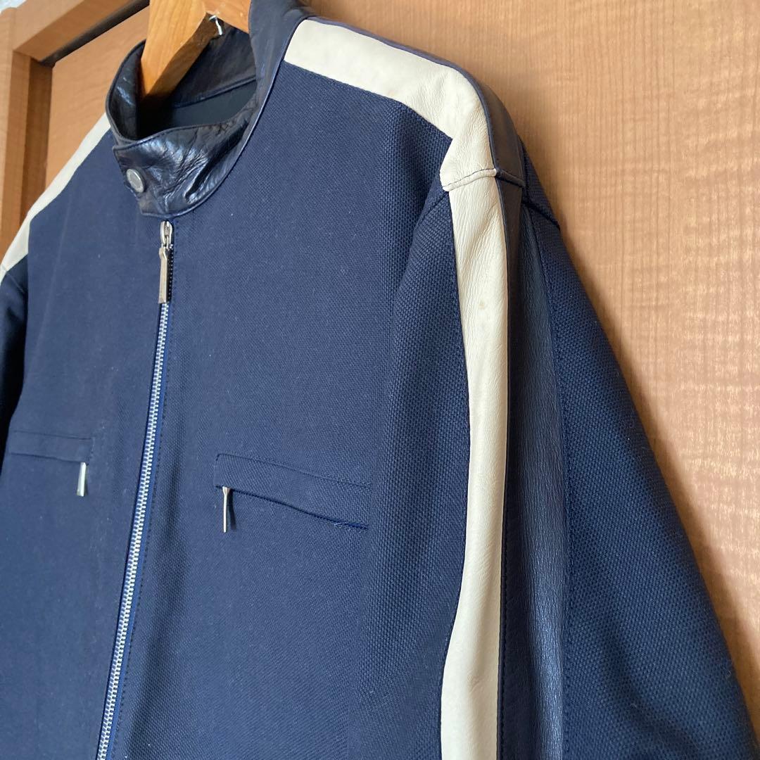 dunhill ネイビー　黒羊革トリム　ライダース　ドライビングジャケット　M