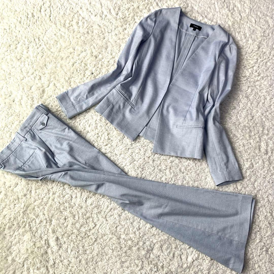 セオリー ノーカラー ジャケット パンツ スーツ セットアップ 水色 コットン