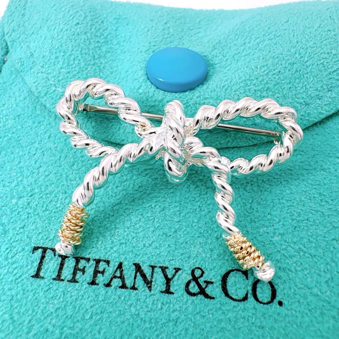 極美品 オールドティファニー ツイストリボン コンビ ブローチ シルバー k18
