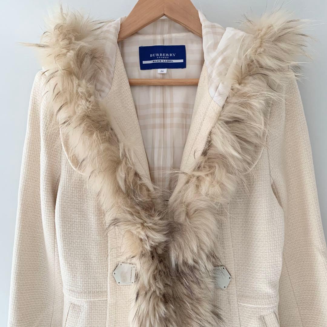 バーバリー ダッフルコート ジャケット アイボリー ファー ノバチェック 38