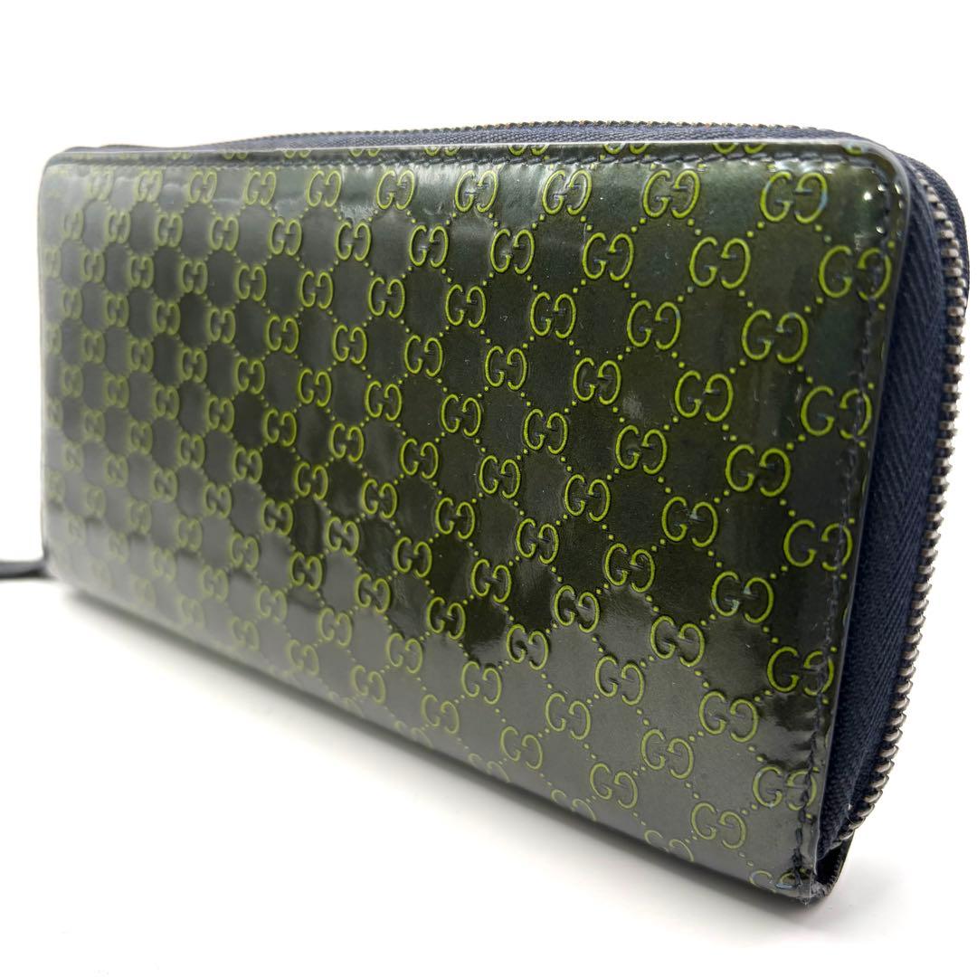 グッチ 長財布 GG マイクロシマ ラウンドファスナー グリーン エナメル