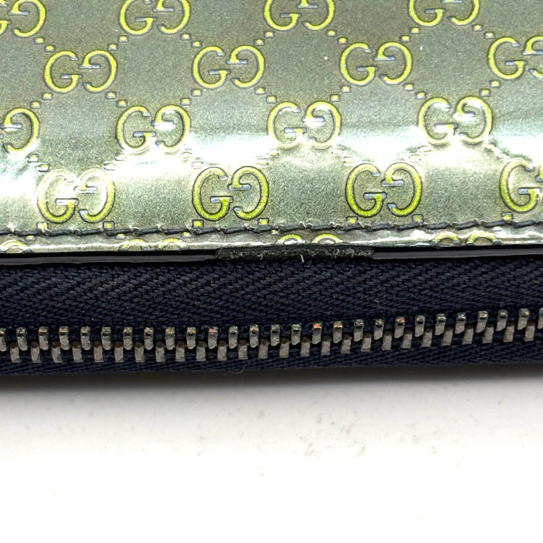 グッチ 長財布 GG マイクロシマ ラウンドファスナー グリーン エナメル