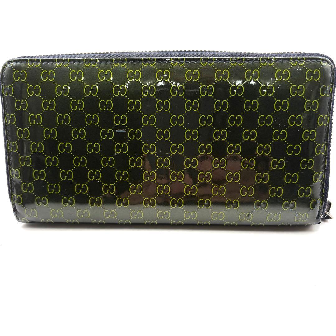 グッチ 長財布 GG マイクロシマ ラウンドファスナー グリーン エナメル