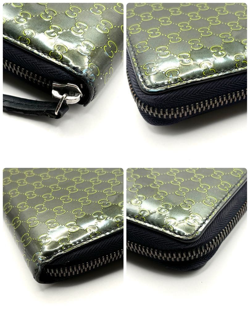 グッチ 長財布 GG マイクロシマ ラウンドファスナー グリーン エナメル