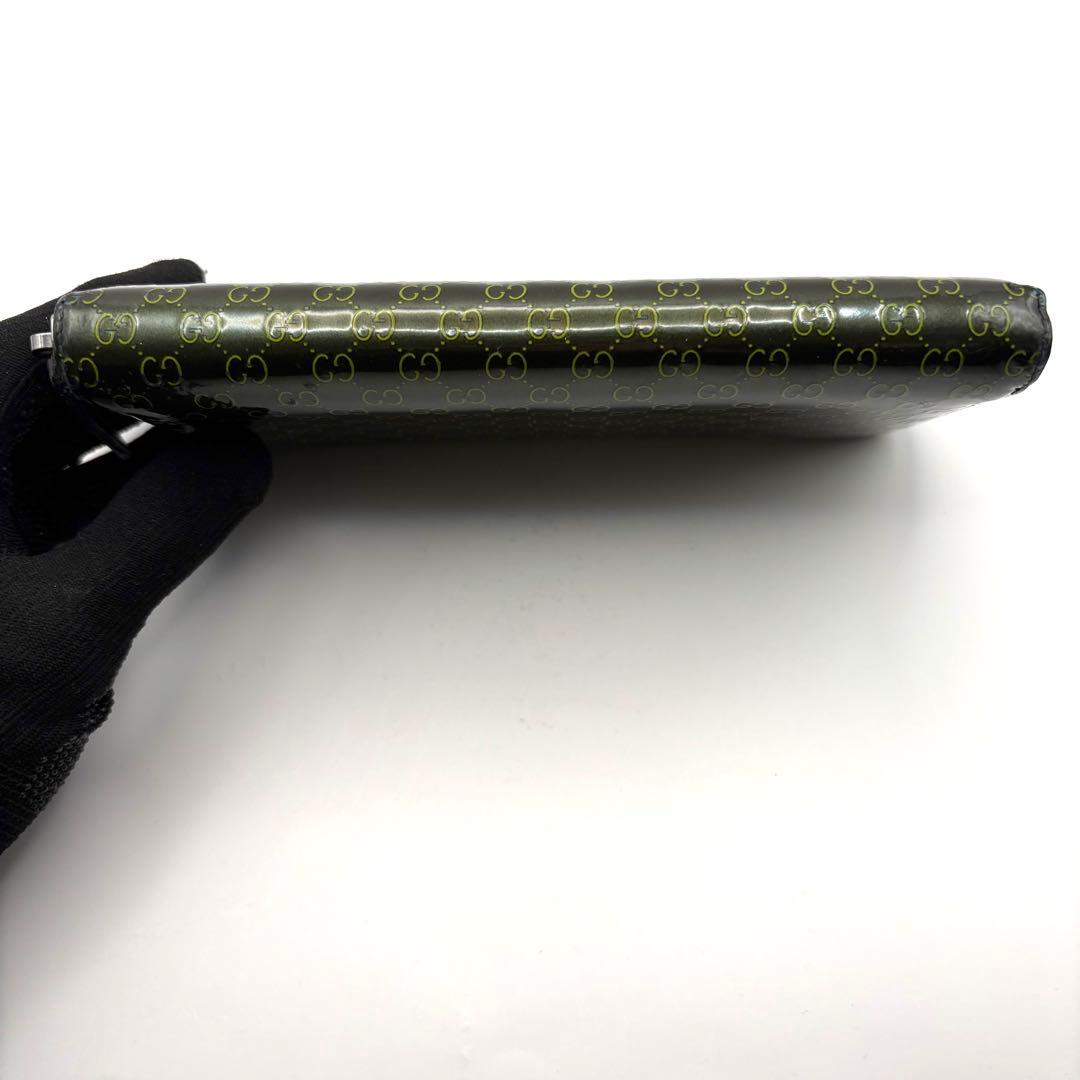 グッチ 長財布 GG マイクロシマ ラウンドファスナー グリーン エナメル