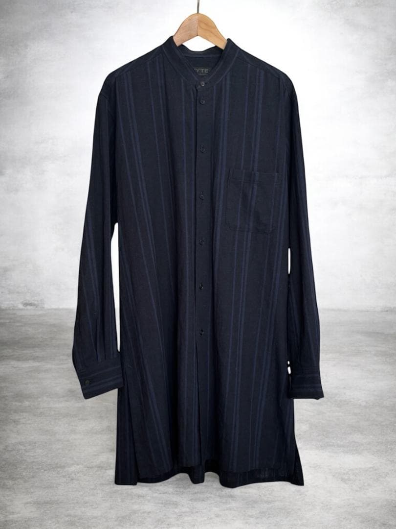 S'YTE Yohji Yamamoto不規則ストライプ柄ロングノーカラーシャツ