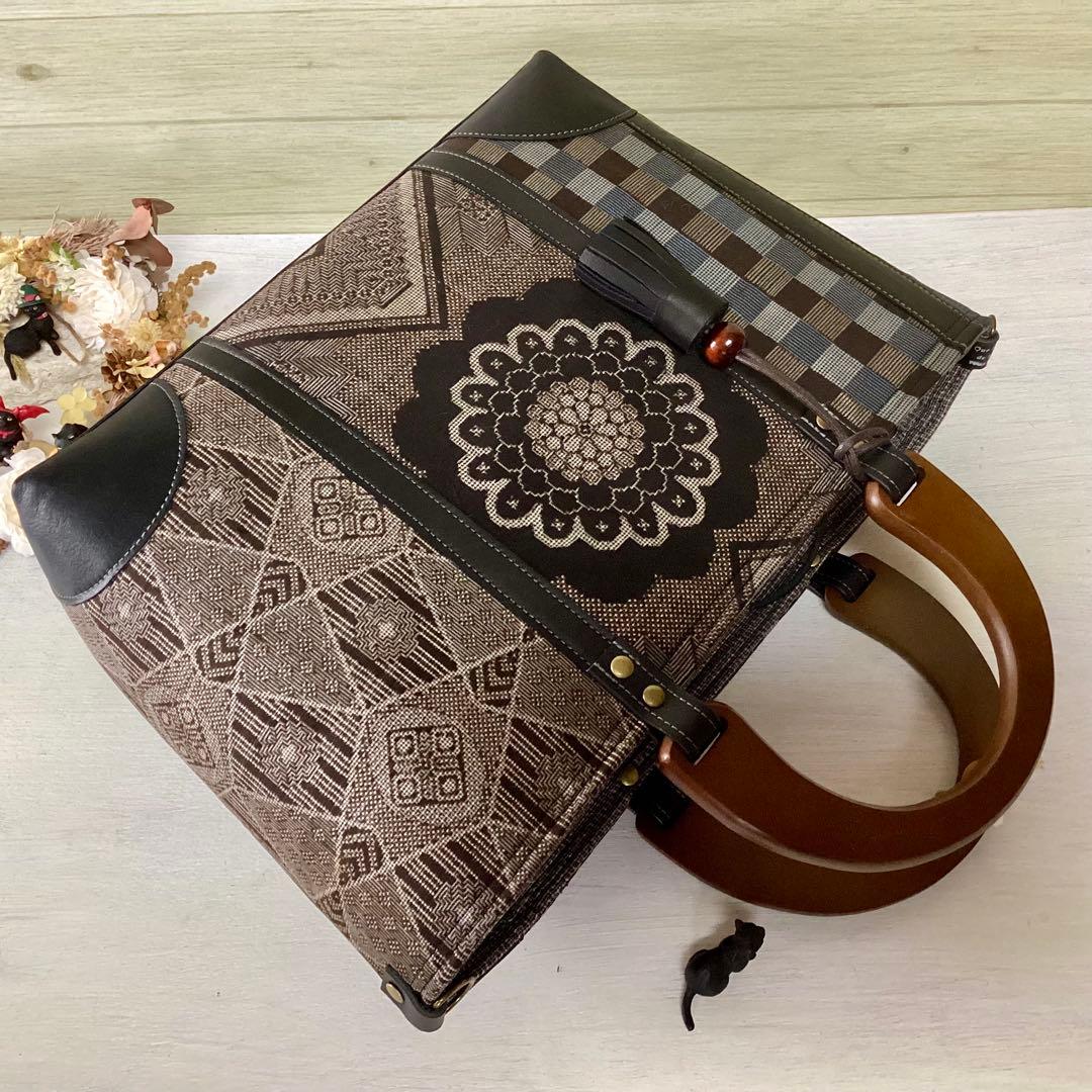 龍郷 大島紬 × 本革 着物リメイク トートバッグ 和装バッグ ハンドメイド