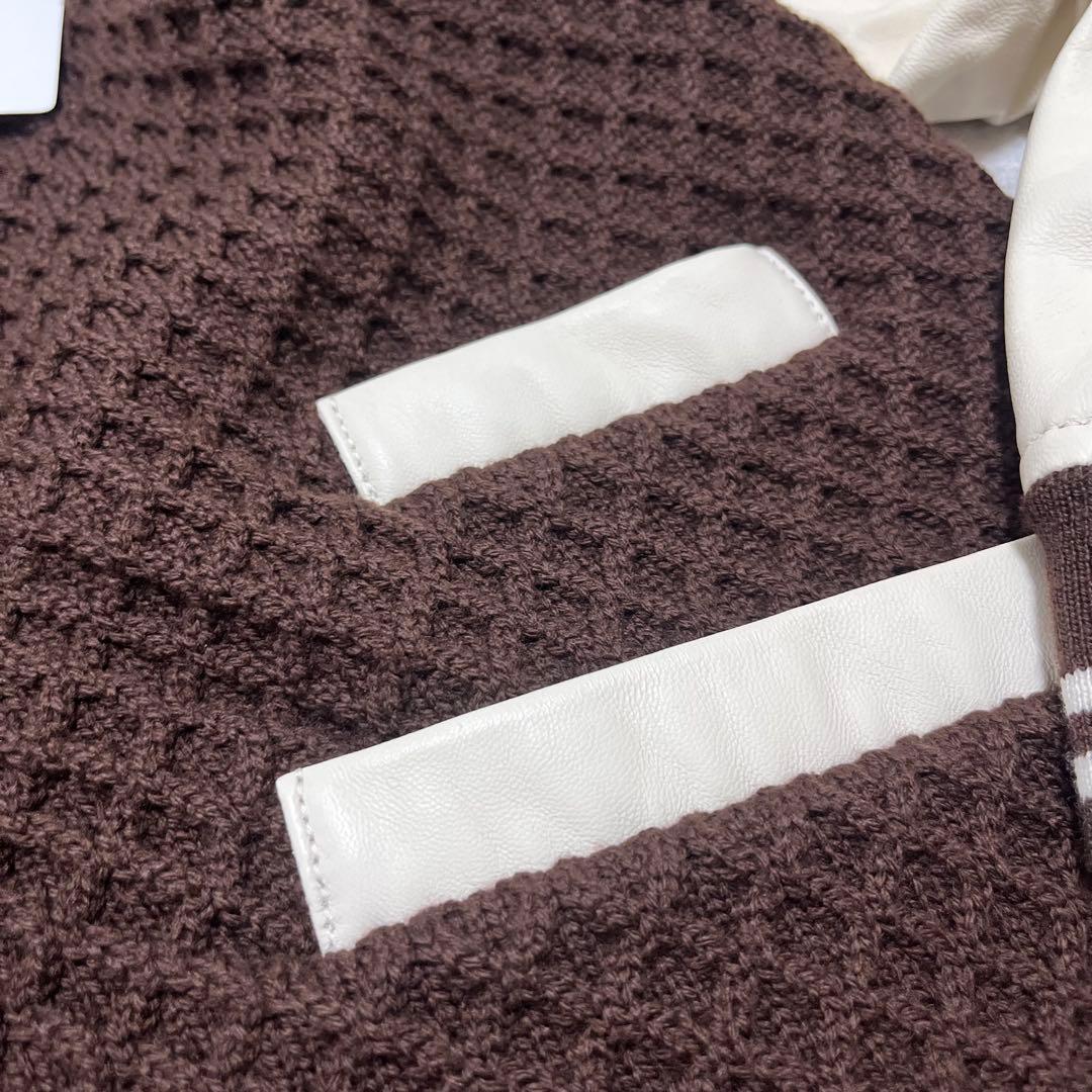 白玉　　ニット、レザー　切り替え　ドッキング　スタジャン　羊革