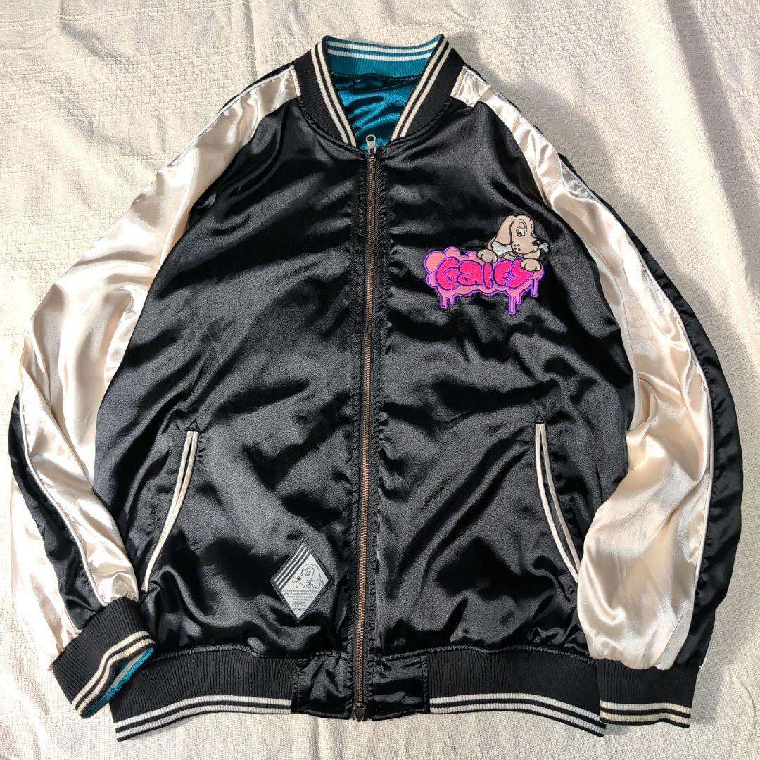 GALFY スカジャン リバーシブル 黒 ターコイズ 刺繍 L