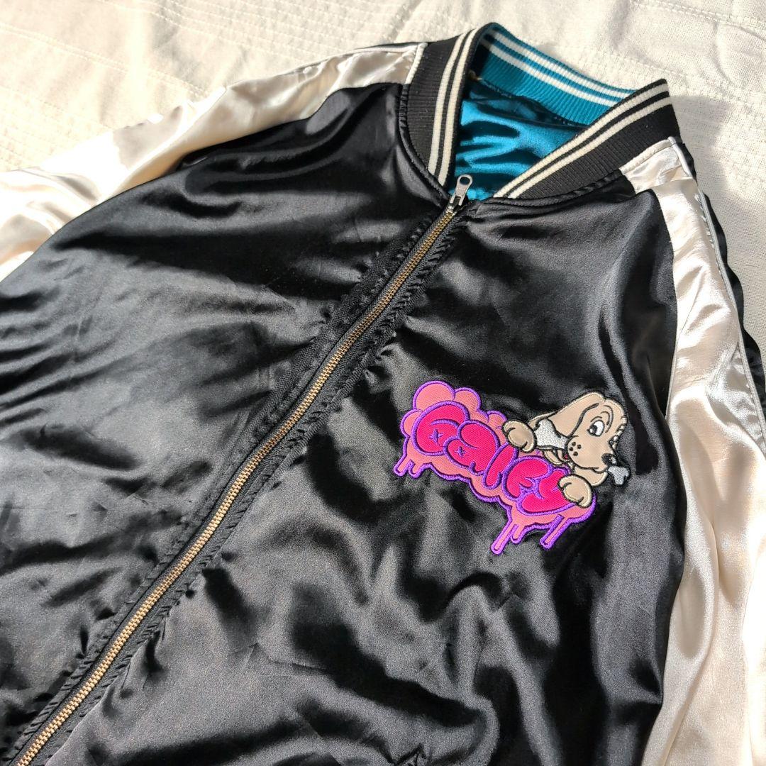 GALFY スカジャン リバーシブル 黒 ターコイズ 刺繍 L