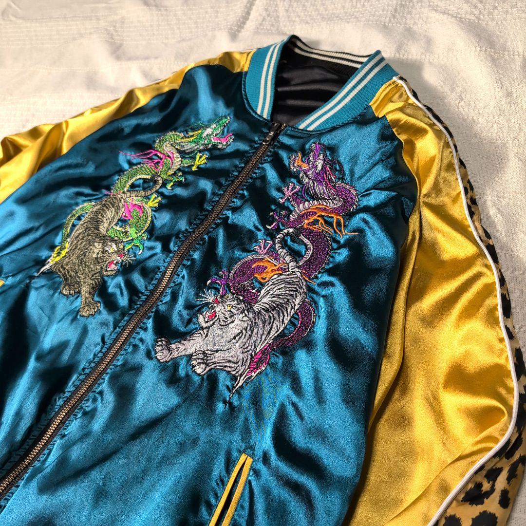 GALFY スカジャン リバーシブル 黒 ターコイズ 刺繍 L