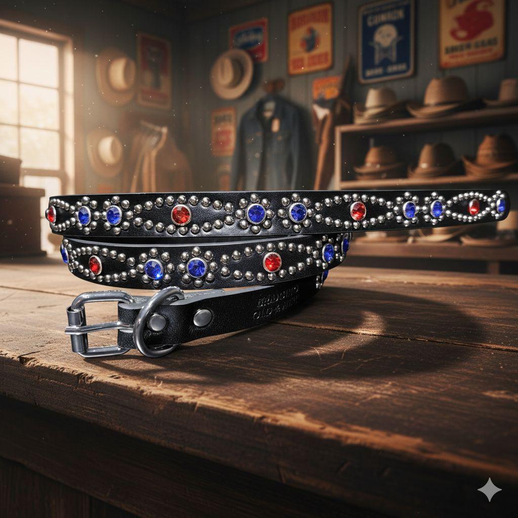 クロス赤青■本革レザーフルスタッズナローベルト☆ヴィンテージガーネット