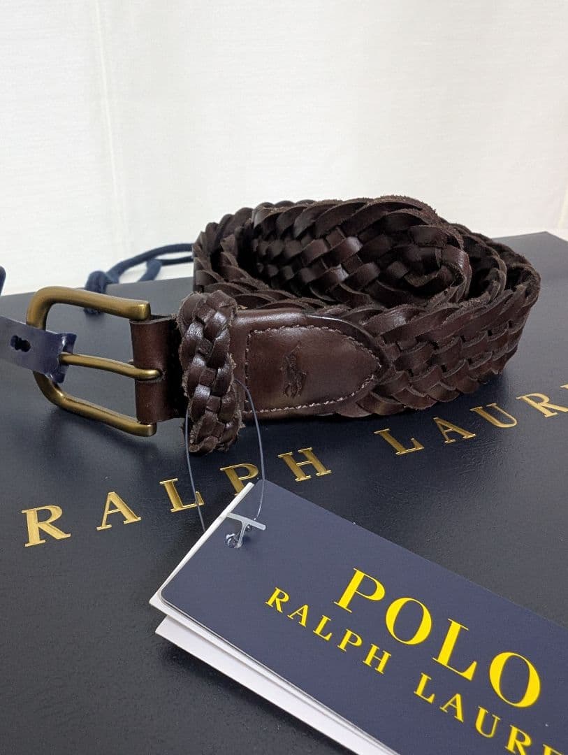 【新品】ポロラルフローレン★レザーメッシュベルト★茶★34