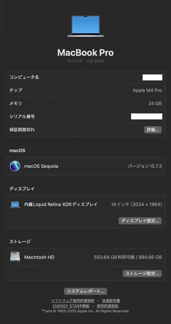 【美品】MacBookPro14 M4Pro 24GB/1TB 日本語JIS