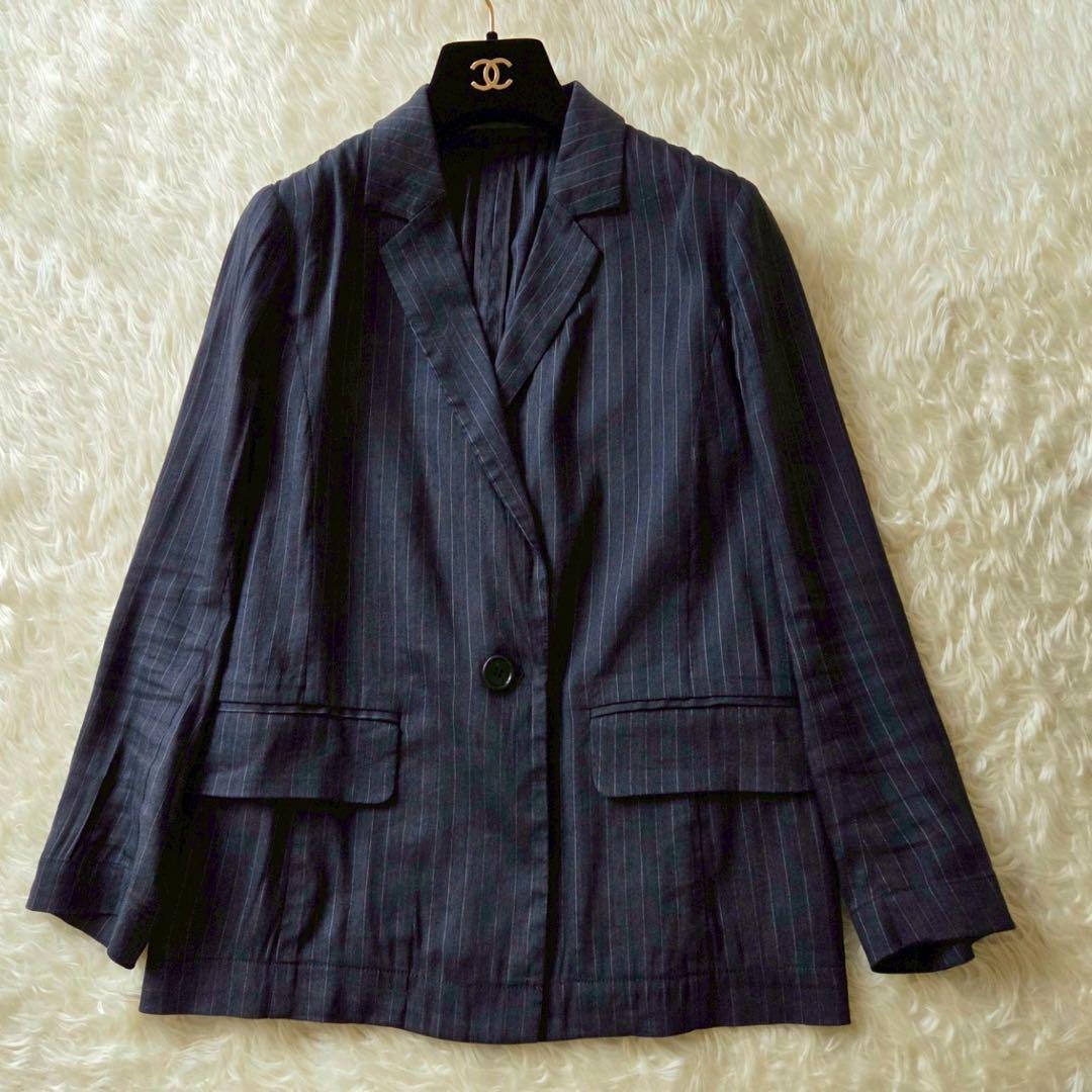 美品✨セオリーリュクス パンツスーツセットアップ ストライプ リネン ネイビー
