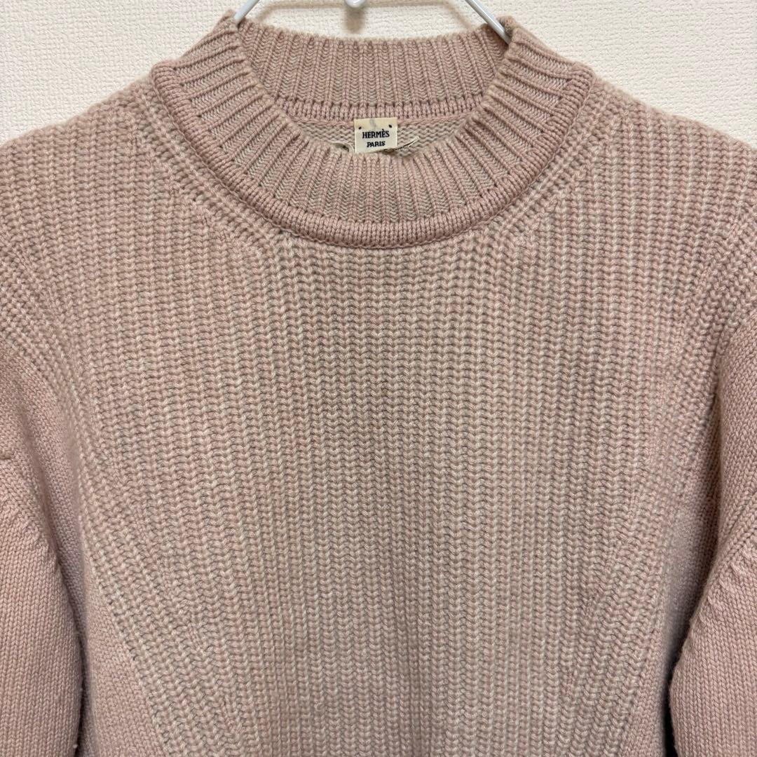 【HERMES】カシミヤ100% クルーネックニット ピンクベージュ 長袖 34