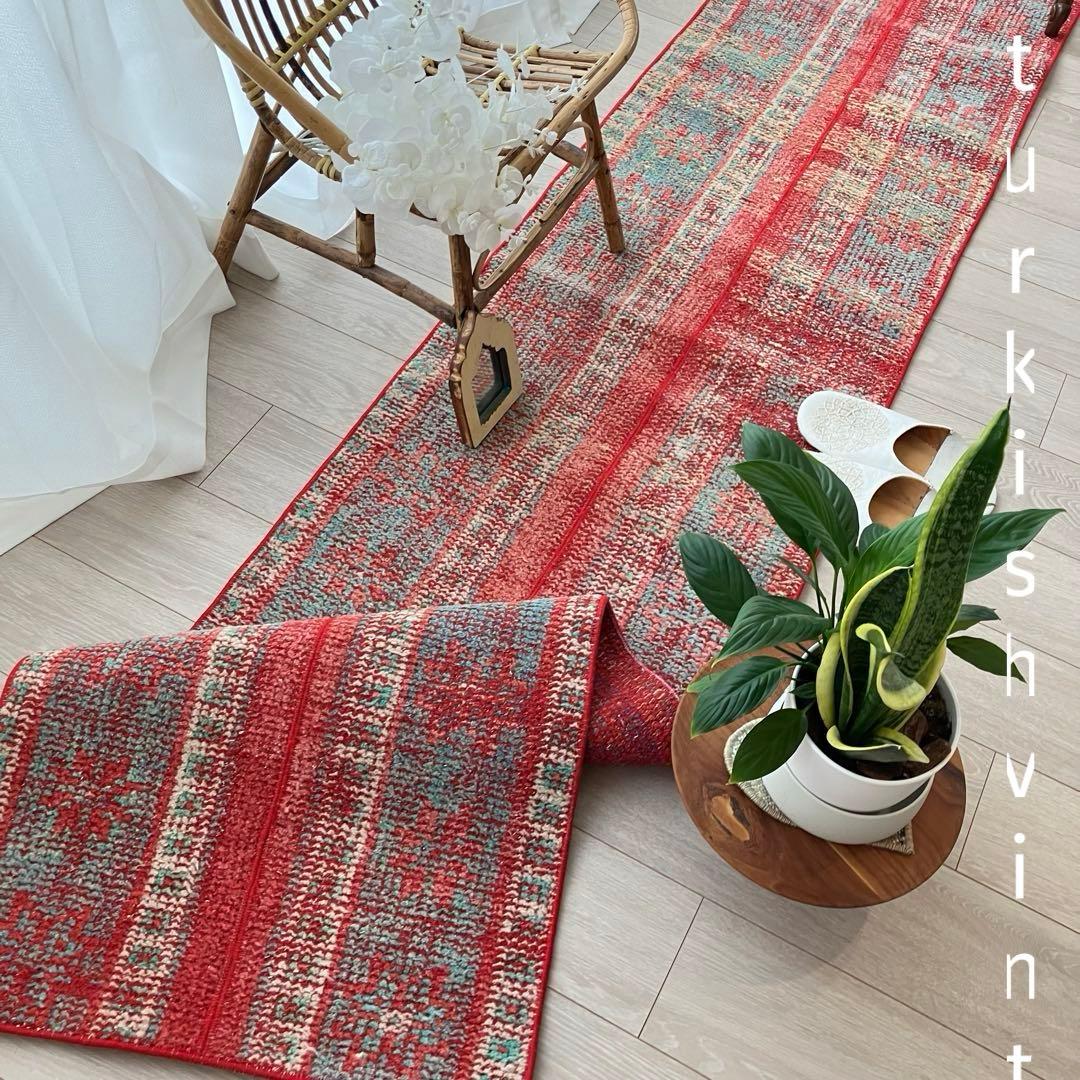 超ロング✳︎56×273 ストロベリーレッド　パッチワーク　トルコヴィンテージラグ