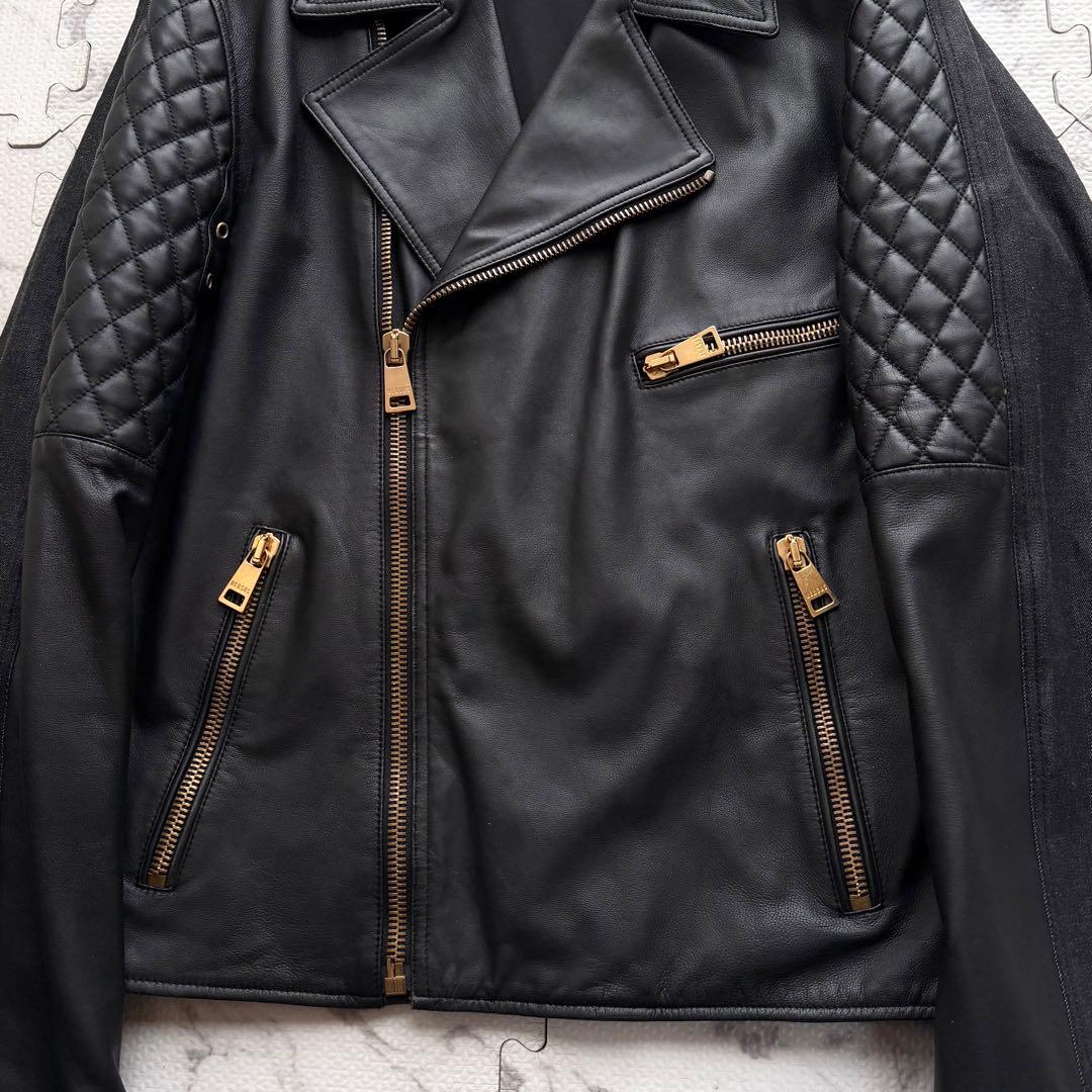 極美品✨ヴェルサーチ ダブルライダースジャケット ラムレザー デニム切替 46