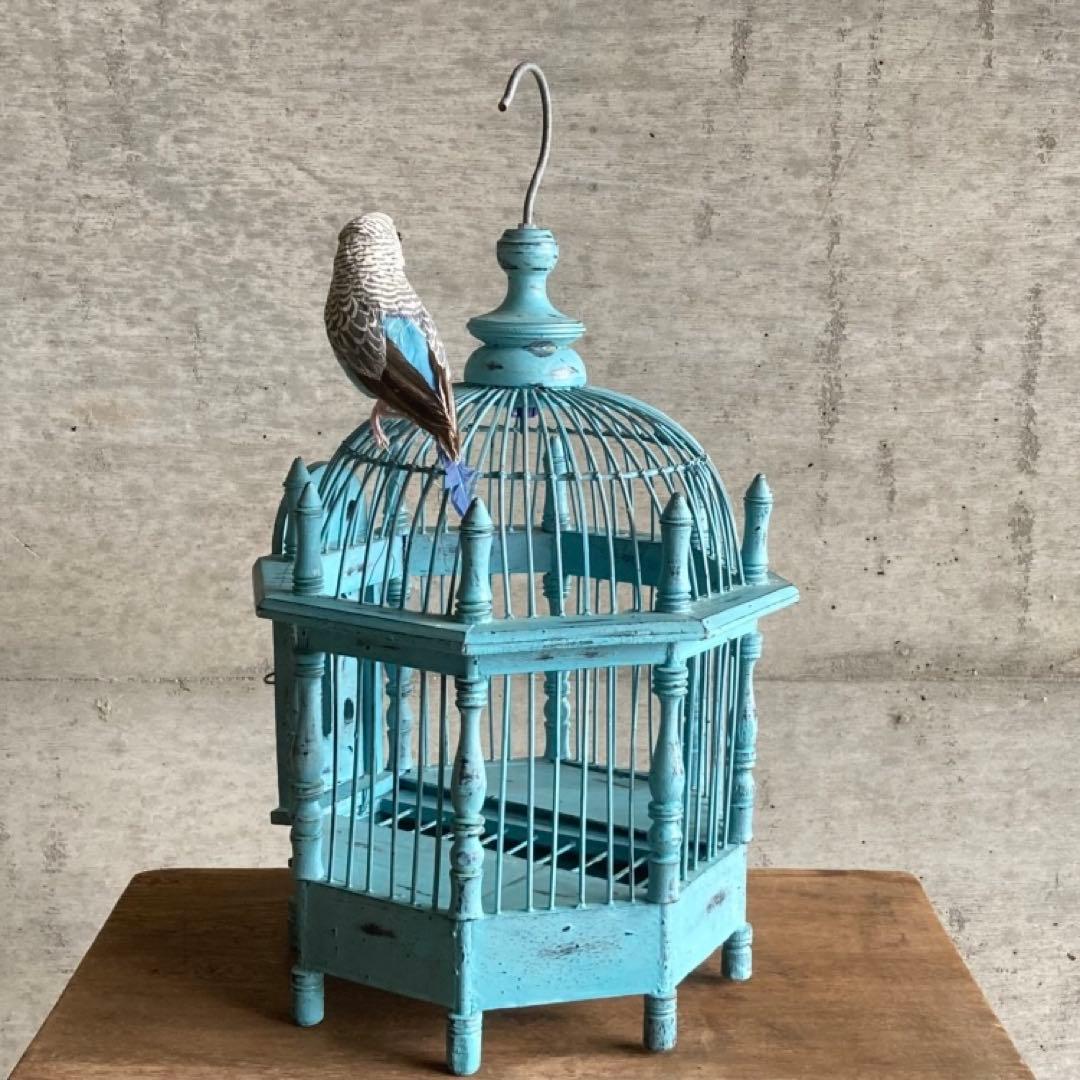 鳥籠 バードゲージ カゴ 小鳥 置物 吊り下げ 水色 青 シャビー レトロ