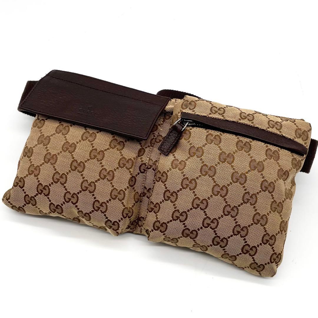 極美品✨グッチ ボディバッグ GG キャンバス レザー ウエストバッグ ブラウン