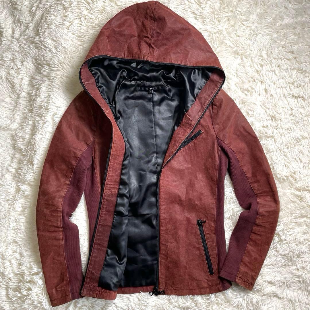 【美品】NO ID. レザージャケット　 加工 豚革 1 フード　春 レザー