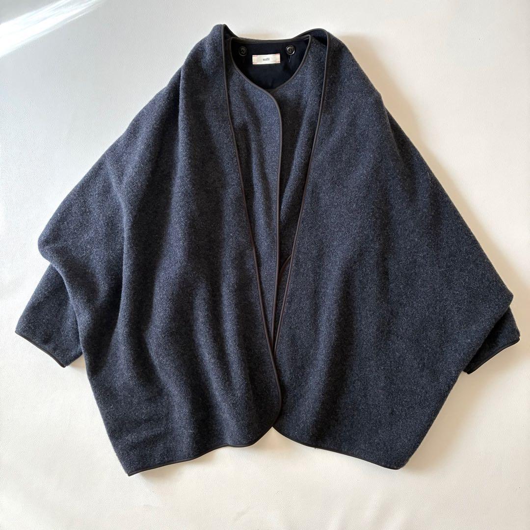 【美品】アンフィル　3wayウールジャケット　ネイビー　ノーカラー　ストール