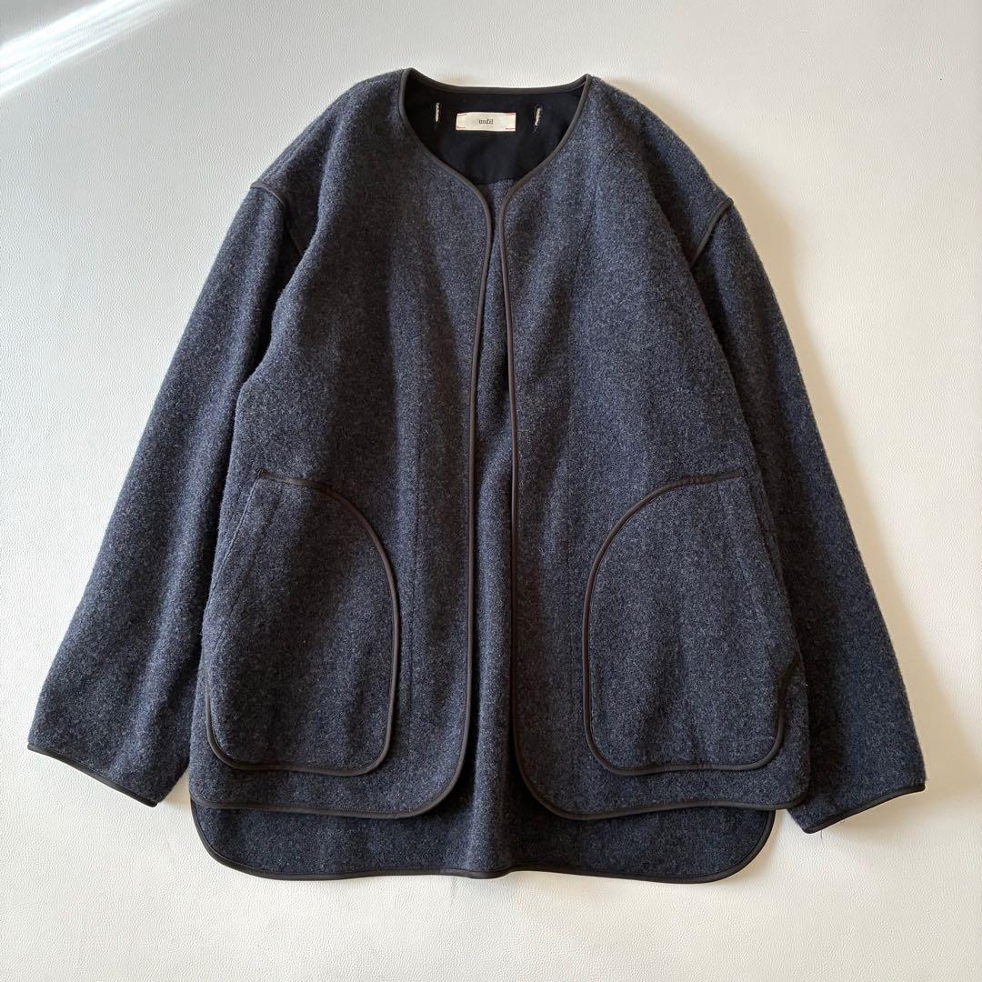 【美品】アンフィル　3wayウールジャケット　ネイビー　ノーカラー　ストール