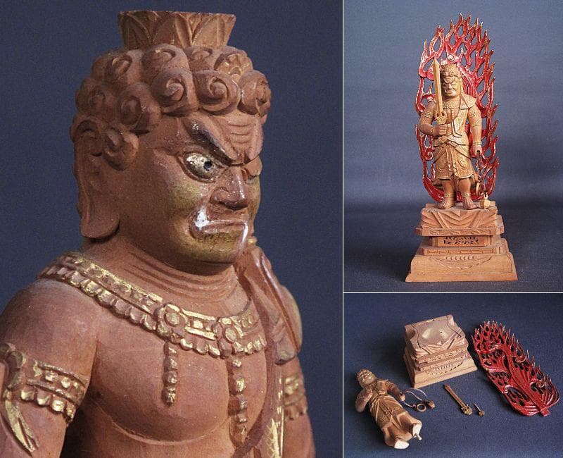 金泥淡彩色!!『木造 不動明王立像』総高25㎝ 像高13.6㎝