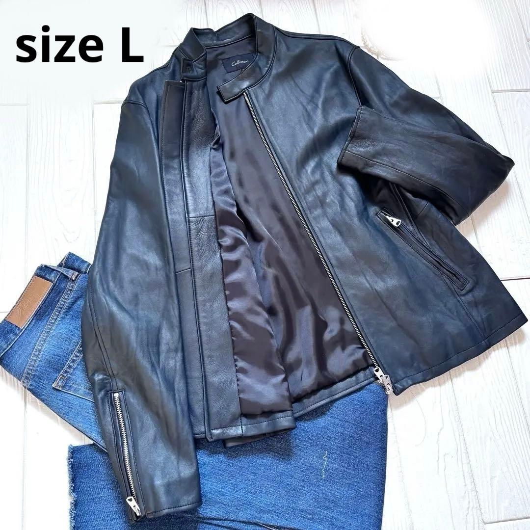 美品　レザージャケット　ライダース　メンズ　ビギ　ラムレザー　シングル　ネイビー