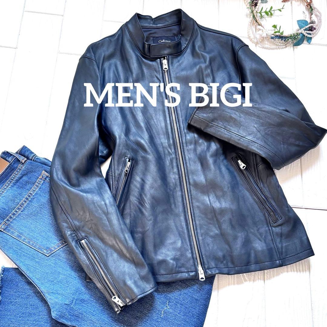 美品　レザージャケット　ライダース　メンズ　ビギ　ラムレザー　シングル　ネイビー