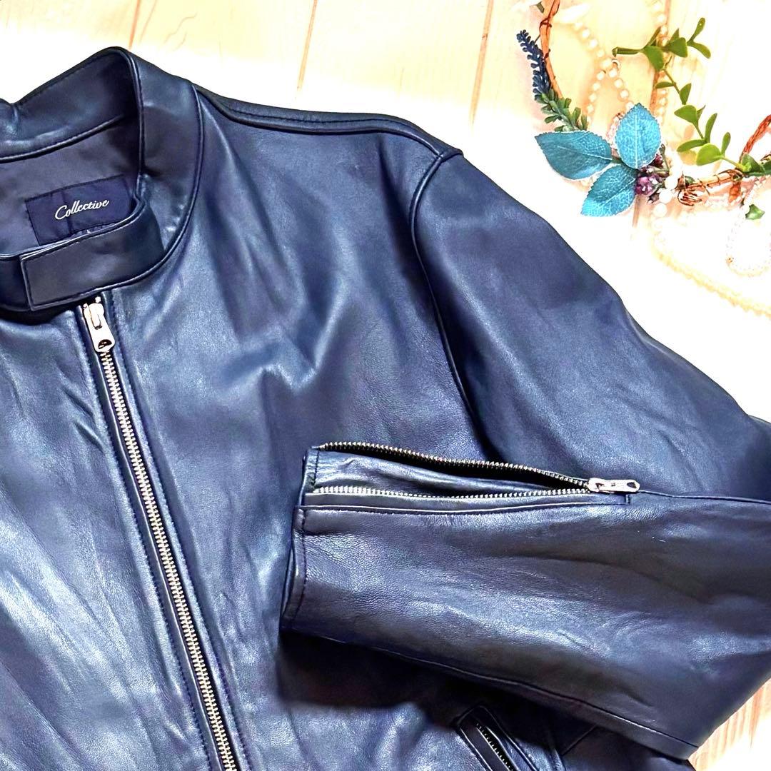 美品　レザージャケット　ライダース　メンズ　ビギ　ラムレザー　シングル　ネイビー