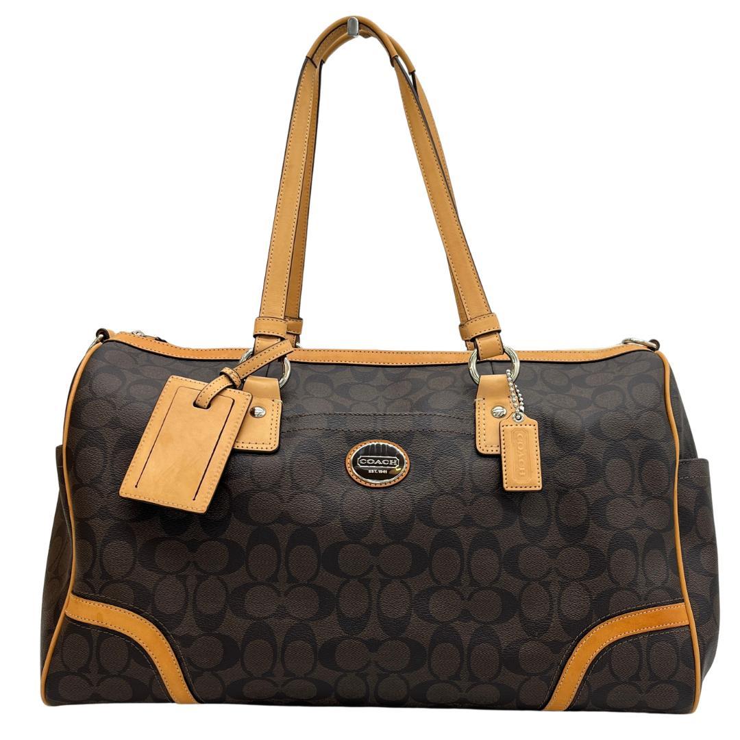 COACH シグネチャー柄 ボストンバッグ ブラウン×キャメル 大容量