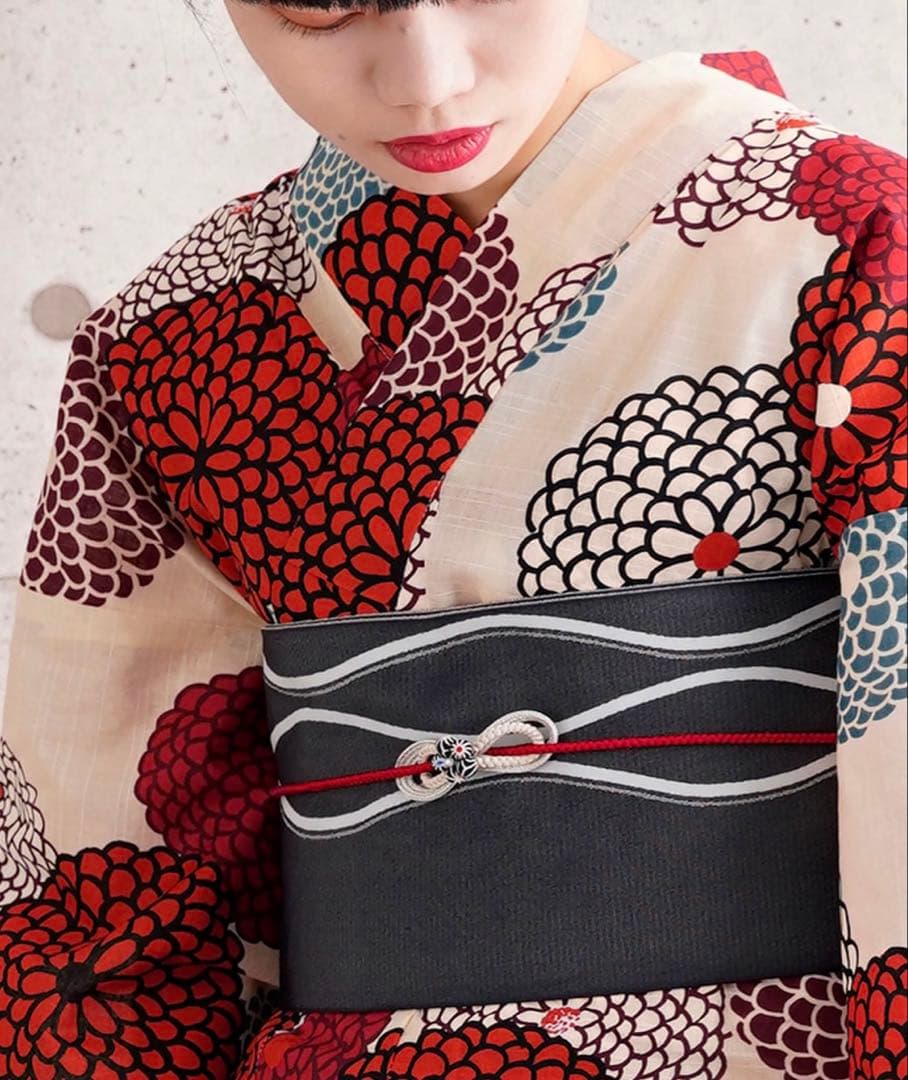 Kao⭐︎utatamne 浴衣3点セット　赤とミントのぽんぽん菊