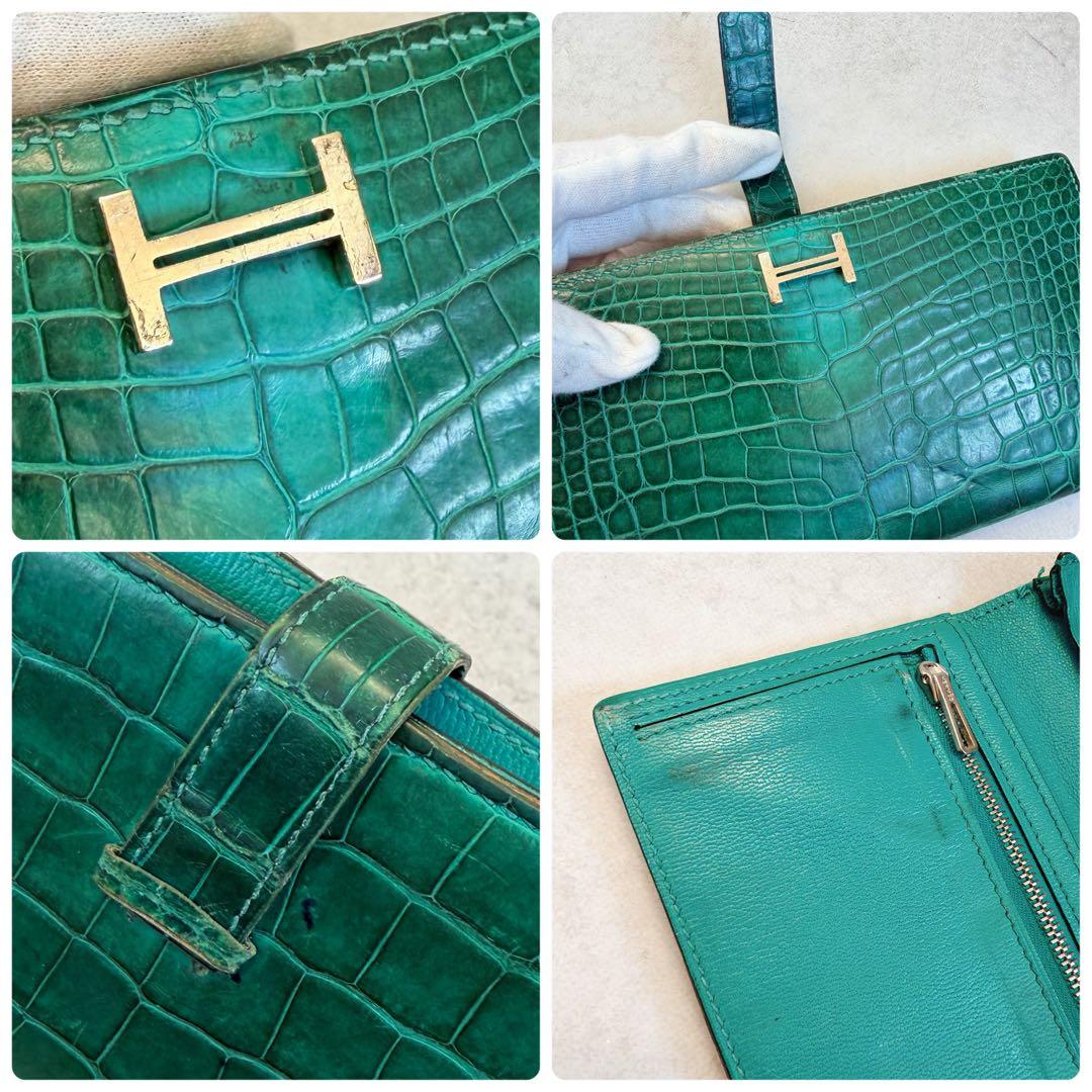 エルメス ベアン　アリゲーター グリーン　長財布　クロコ