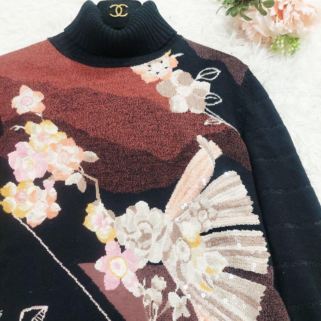 美品 レオナール カシミヤ ウール シルク タートルネック 花柄 和柄 ニット