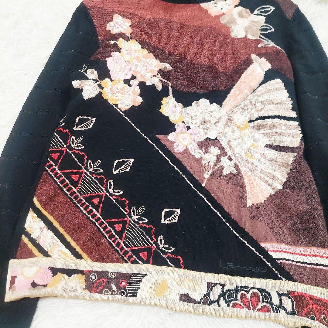 美品 レオナール カシミヤ ウール シルク タートルネック 花柄 和柄 ニット