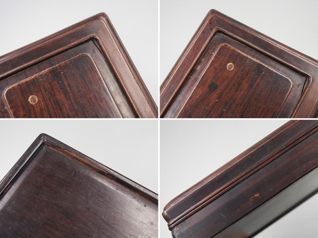 【木】　★ 竹木 黄花梨木四方硯盒 ★　清朝期　鬼顔 麦穂 木目模様　文房珍玩