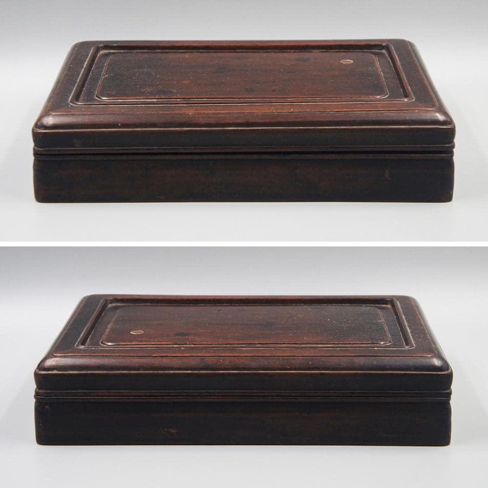 【木】　★ 竹木 黄花梨木四方硯盒 ★　清朝期　鬼顔 麦穂 木目模様　文房珍玩