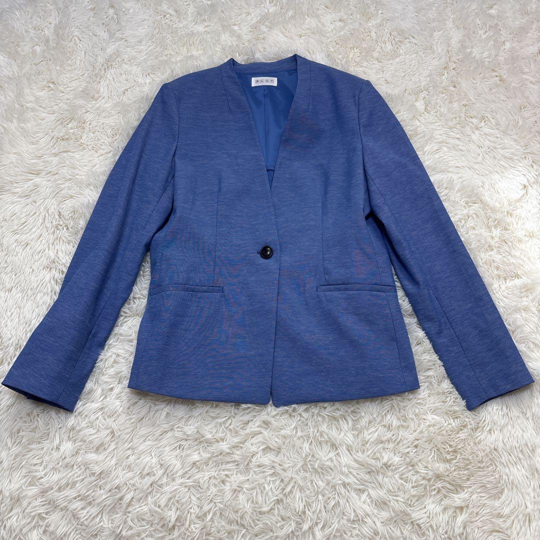 【未使用に近い】プラステ　セットアップ　ノーカラー　リネン混　ブルー　Lサイズ