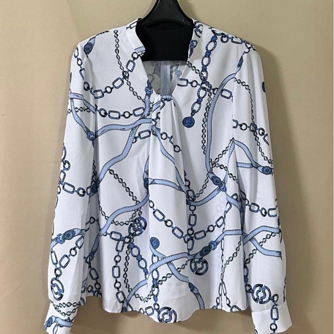 美品ピンキー＆ダイアン38 チェーンプリントブラウス◇ブルー系