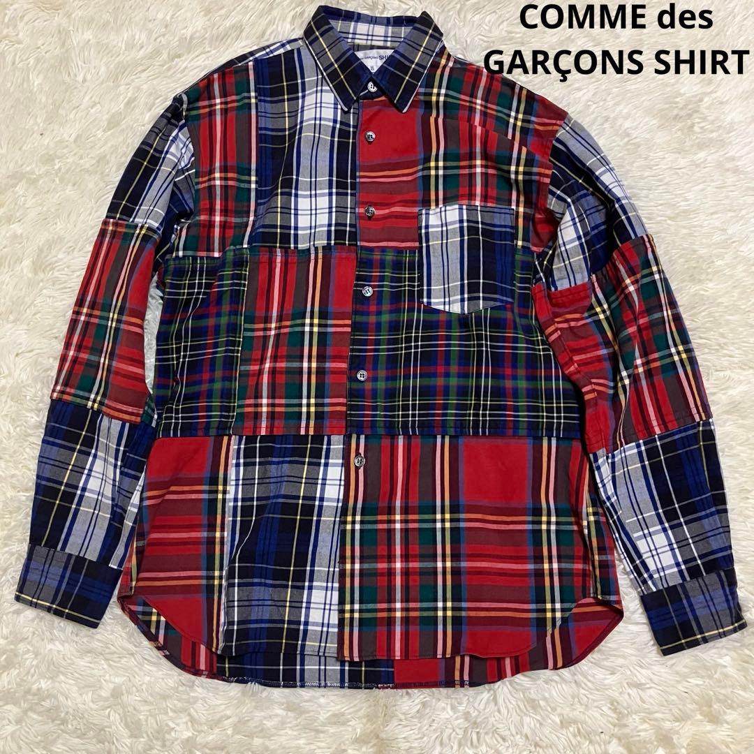 コムデギャルソンシャツ　パッチワーク　マルチカラー　レッド　チェック　シャツ