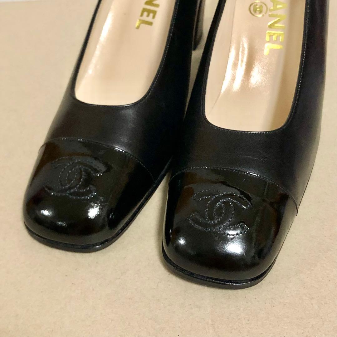 シャネル　CHANEL パンプス　ヒール　ロゴ　ココマーク　エナメル　ブラック