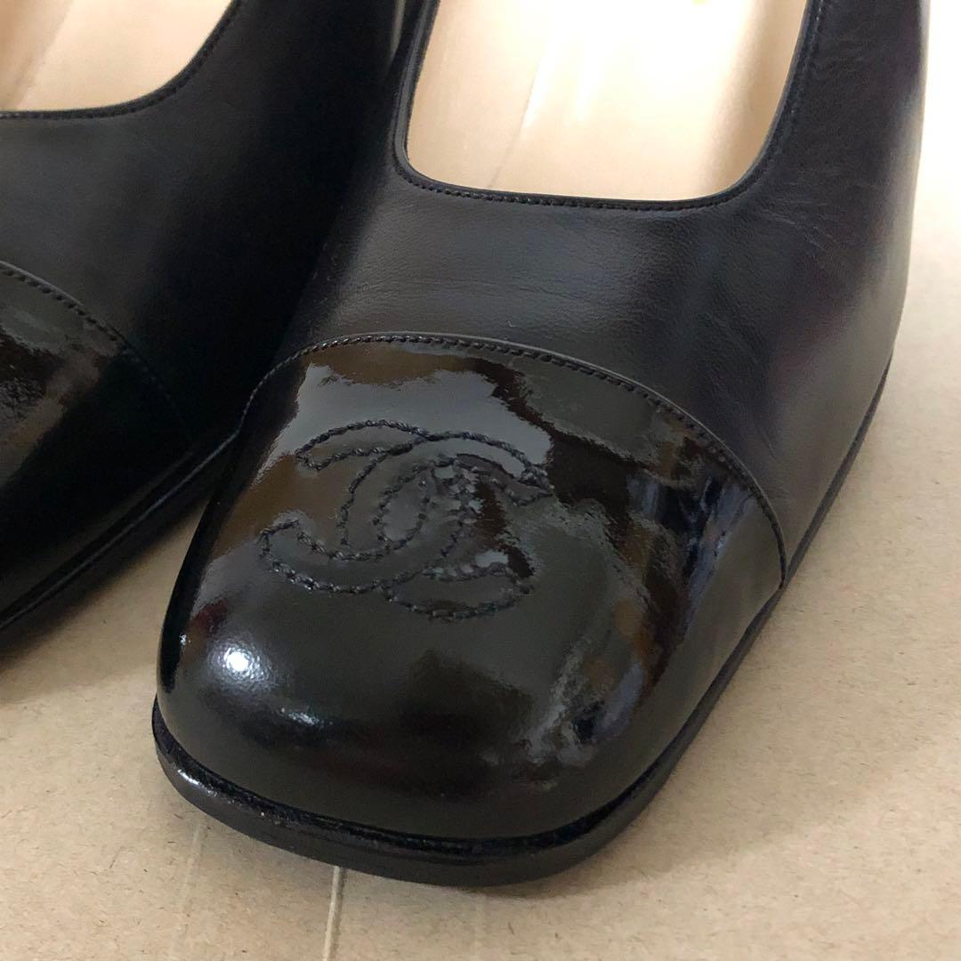 シャネル　CHANEL パンプス　ヒール　ロゴ　ココマーク　エナメル　ブラック