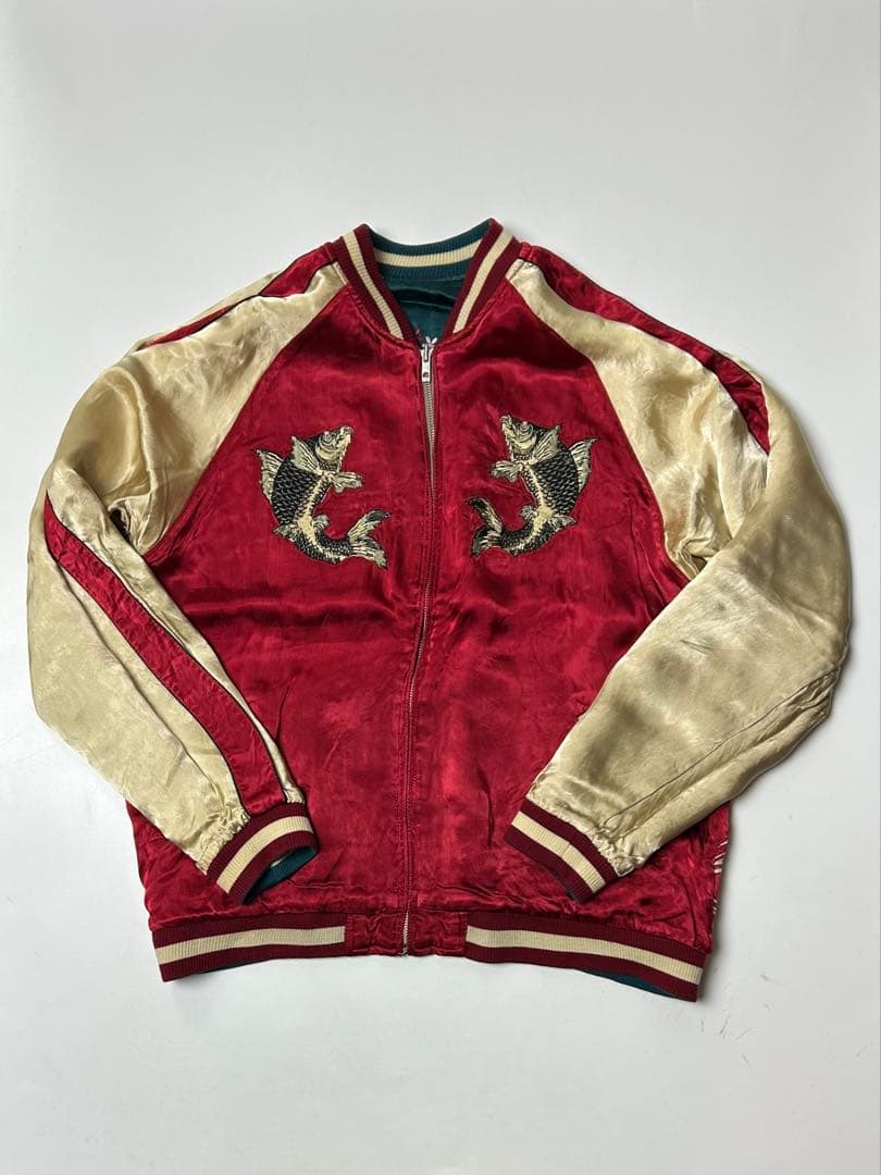 百花繚乱　スカジャン グリーン/レッド　鯉　刺繍　リバーシブル　XL