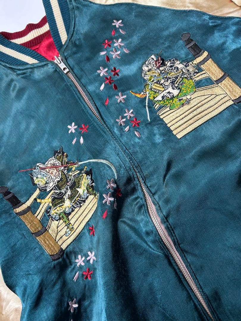 百花繚乱　スカジャン グリーン/レッド　鯉　刺繍　リバーシブル　XL