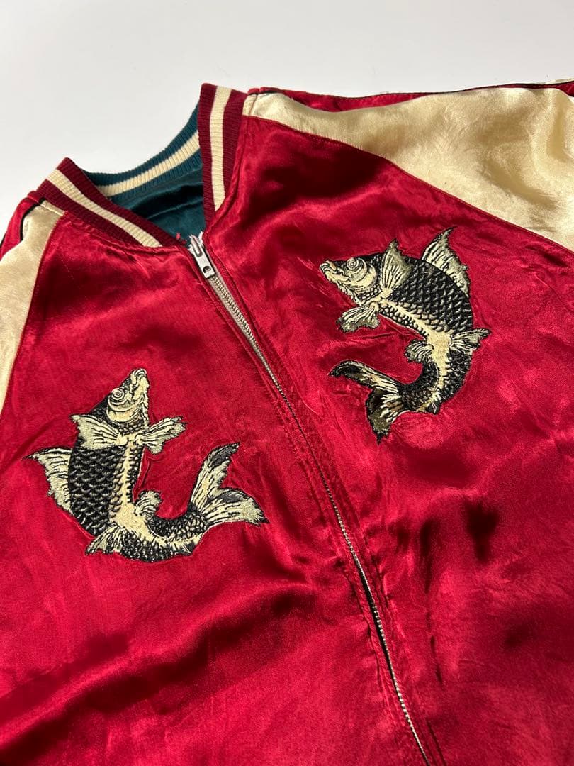 百花繚乱　スカジャン グリーン/レッド　鯉　刺繍　リバーシブル　XL