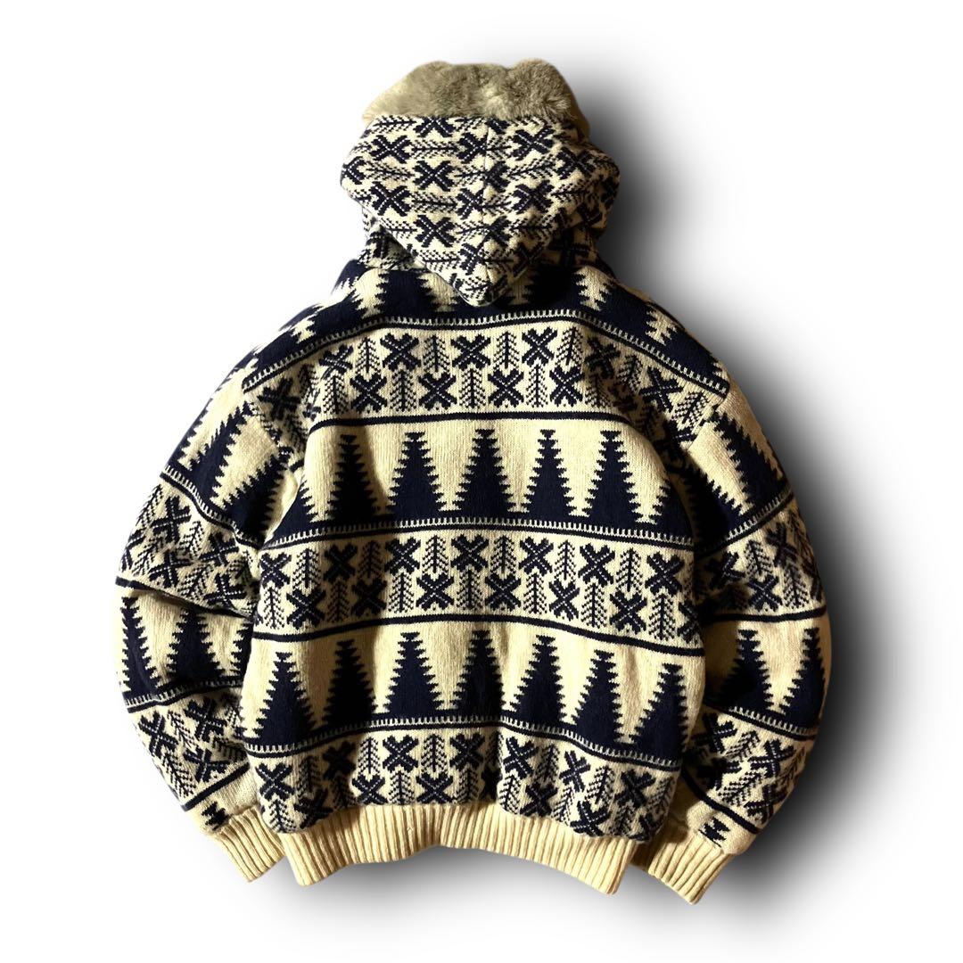 BLAIZE様☆ノルディック柄カウチンニットセーター総柄ファーフーディジップアッ