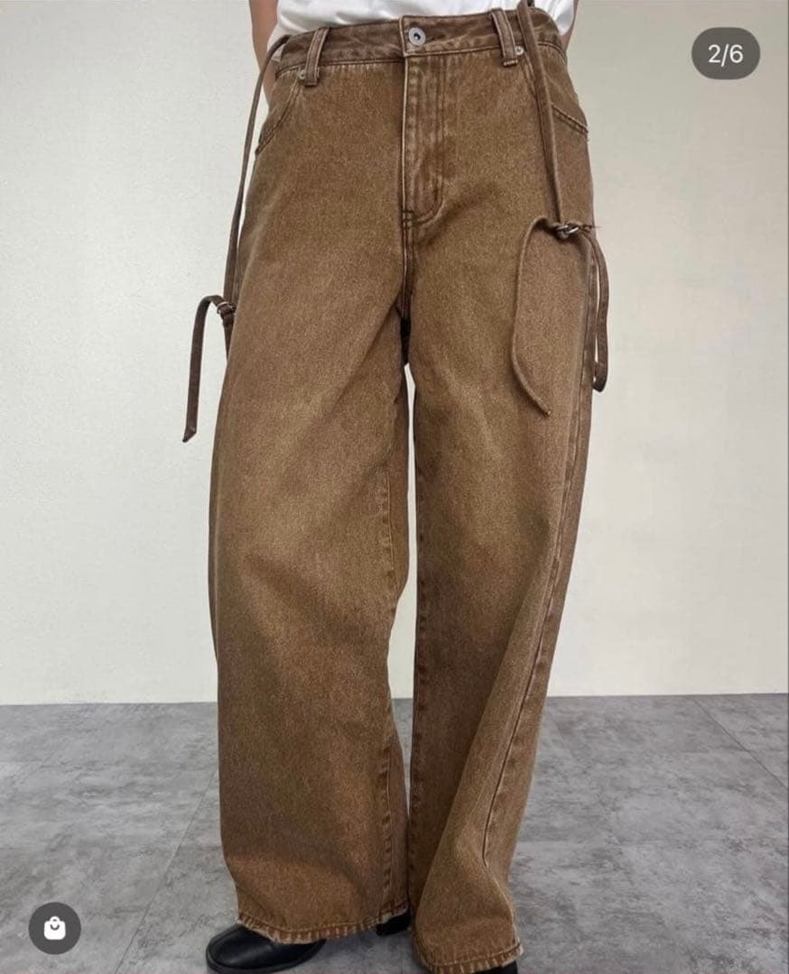 efu サスペンダー　ルーズストレートデニム　ブラウンM