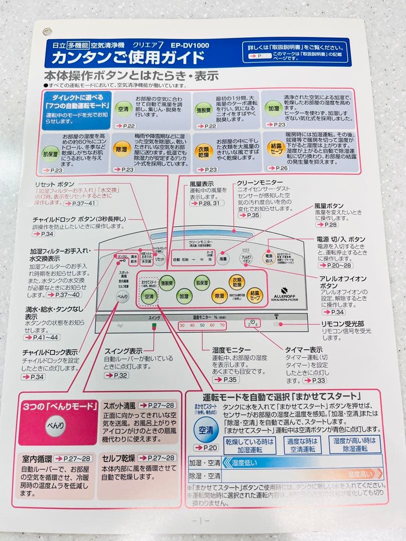 日立多機能空気洗浄機クリエア7加湿 除湿 衣類乾燥EP-DV1000リモコン付き